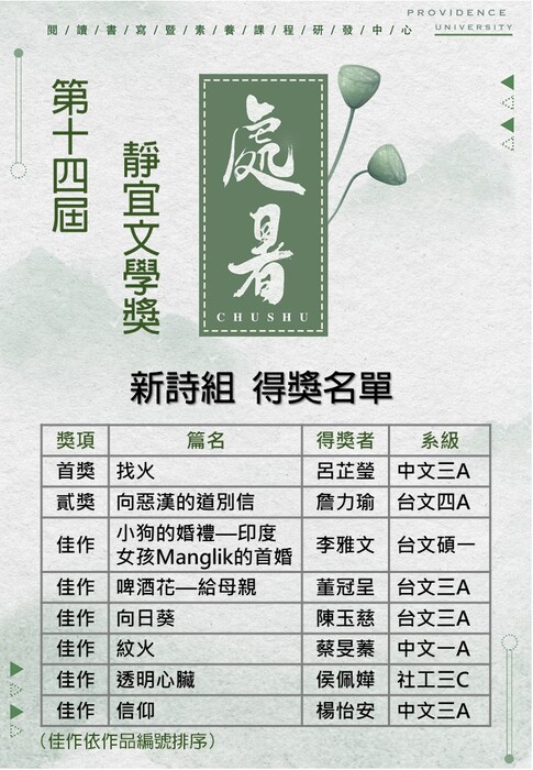 【公告】第十四屆靜宜大學文學獎得獎名單公告圖片